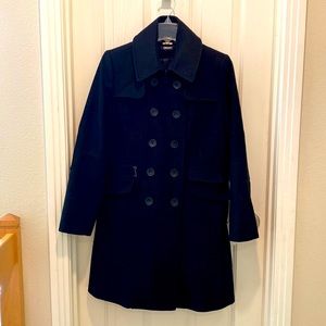 DKNY,, Donna Karan, New York black wool double breasted coat with black lining.